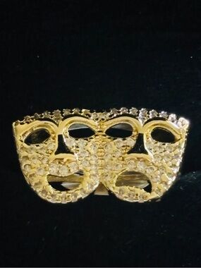 Gold Tone Double Mask Pave Ring Size 8